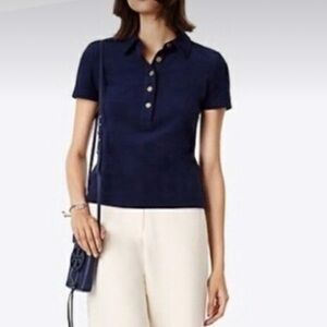 Tory Burch Classic Black 100%Cotton Quarter Logo Button Down Lennox Polo Shirt M